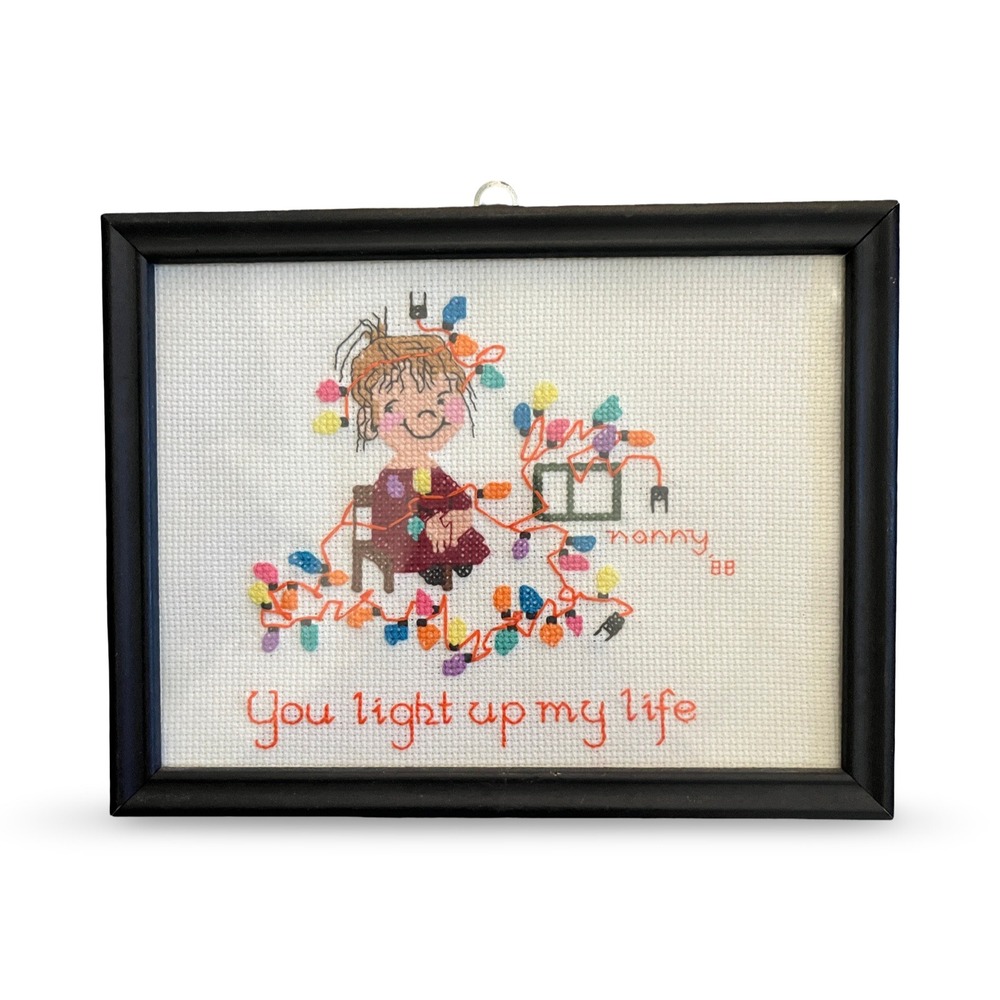 Vintage Framed Christmas Holiday You light up my life Counted Cross Stitch